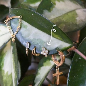 May include: A collection of gold-toned earrings displayed on a green and white leaf. The earrings include a chain with a charm, a stud with a crystal, a crescent-shaped hoop, a floral stud, and a hoop with a cross pendant.