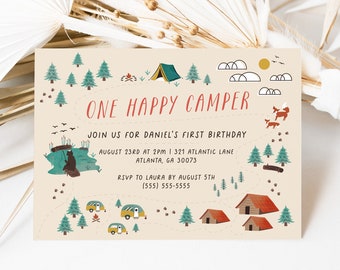 Camping Birthday Invitation, Camping Birthday, Happy Camper, One Happy Camper Birthday, 1st Birthday Invite, Editable Boy Camping Birthday
