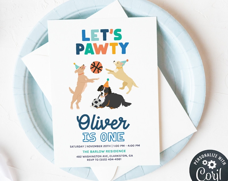 Puppy Party Invitation Lets Pawty Birthday Invitation Dog Birthday Invitation Basketball Invite Dog Birthday Party Sports