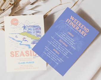 Beach Bachelorette Invitation & Itinerary, Beach Itinerary, Florida Beach Invite, Seaside Beach Invite, Rosemary, Watercolor, Destin Invite