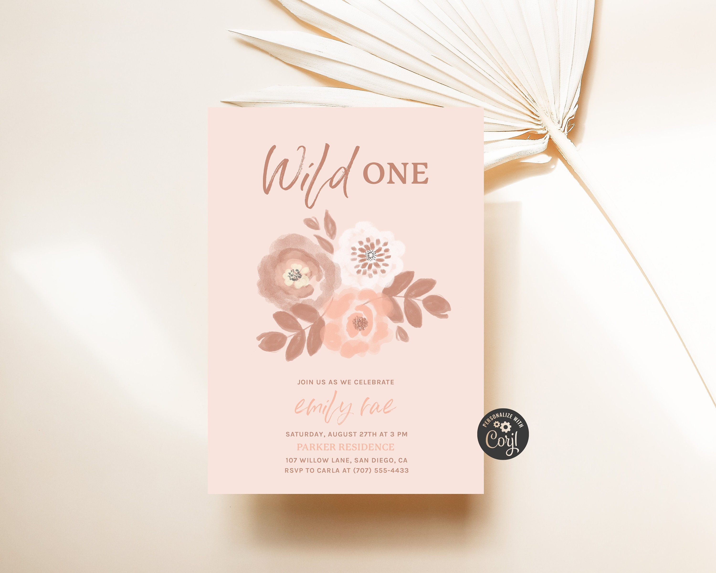 Wild One Invitation First Birthday Invite Girl floral Invitation One Years Old Birthday Invitation Boho Invitation 1st