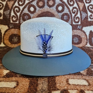 May include: A light blue and white straw hat with a blue and white feather accent. The hat has a brown band with a white stripe.