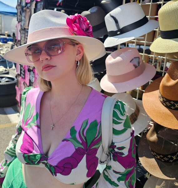 White Fashionable Lowrider Fedora With Dusty Rose Band 