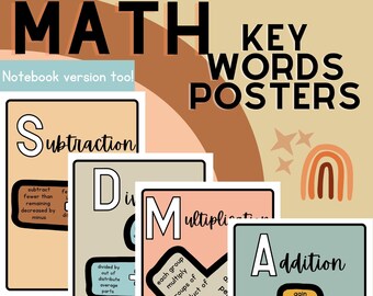 Boho kleuren wiskunde sleutelwoorden posters voor woordproblemen!