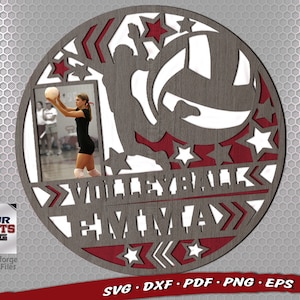 Fichiers SVG de volleyball - Fichiers de volley-ball Glowforge - Signe sportif personnalisé - Fichiers découpés au laser - Sports Monogram Svg - Cadre photo