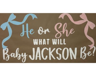 Custom Hand Painted Gender Reveal Banner - He or SHE What Will Baby Be