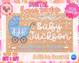 Szablon baneru na baby shower dla chłopca | Wózek dziecięcy | Akwarela | Edytowalny baner Canva | 36 x 60 cali | Malowany baner DIY | Pobieranie cyfrowe