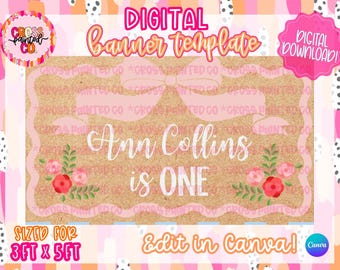 Szablon baneru na pierwsze urodziny z kokardą | Edytowalny baner Canva | Natychmiastowe pobranie | Pierwsze urodziny dziewczynki | Mockup