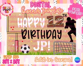 Szablon urodzinowy o tematyce sportowej | Edytowalny baner Canva | Natychmiastowe pobranie | Piłka nożna | Piłka nożna | Urodziny chłopca | Mockup