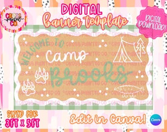 Szablon baneru urodzinowego na kempingu | Edytowalny baner Canva | Natychmiastowe pobranie | Witamy w obozie (nazwa)