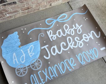 Custom Hand Painted Baby Shower Banner - Baby Boy Carriage