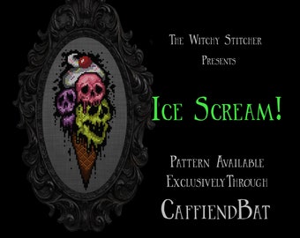 Könnte beinhalten: Ein Kreuzstich-Design einer gruseligen Eistüte mit schädelartigen Kugeln in Rosa, Lila und Grün, gerahmt in einem schwarzen, verzierten Oval. Der Text "Ice Scream!" ist grün, mit zusätzlichem Text, der die Verfügbarkeit des Musters anzeigt.