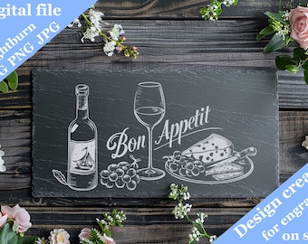 Slate Engraving Design, Bon Appetit, Wine, Cheese (SVG, Digital)