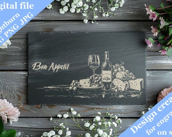Slate Engraving Design, Bon Appetit, Wine & Cheese, SVG Laser File (Digital)