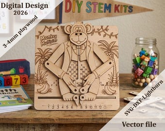 May include: A light-colored wooden educational toy featuring a monkey character with movable arms. The board displays the text Monkey Multiplier, a multiplication chart, and a number line from 1 to 12. The design includes palm trees and bananas.