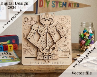 May include: A laser-cut wooden multiplication board featuring a central robot figure with movable arms. The board displays the text 'Robo Multiplier' and a grid of numbers from 1 to 144, with a sliding mechanism to reveal products.