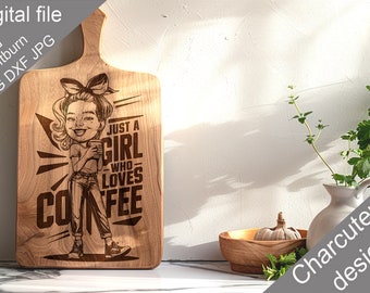 Coffee Girl Charcuterie SVG Chopping Board, Cutting Board, Kitchen Towel, Laser Engraved Files, Digital, Vector, Kitchen Decor, Glowforge