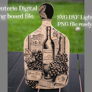 May include: A wooden cutting board with a black and white illustration of a wine bottle, grapes, and a building. The text "Your Text Here" and "VITERE" are also included in the design.