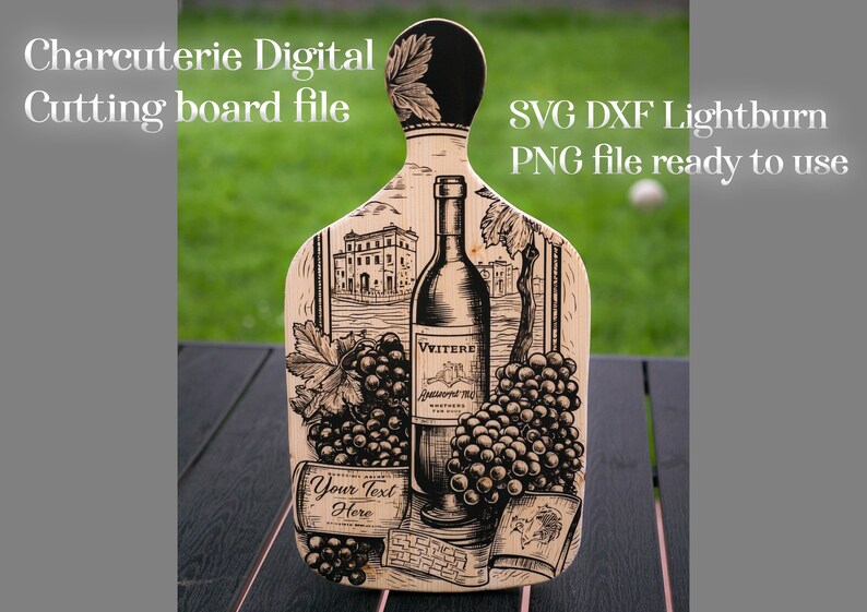 May include: A wooden cutting board with a black and white illustration of a wine bottle, grapes, and a building. The text "Your Text Here" and "VITERE" are also included in the design.