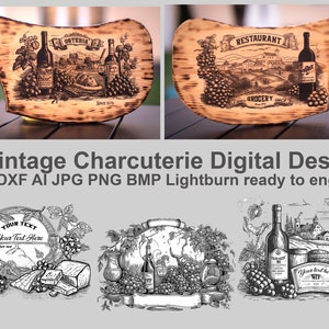 Puede incluir: Cinco diseños digitales en blanco y negro de tablas de charcutería vintage con uvas, botellas de vino, queso y un barril. Los diseños están listos para ser grabados.