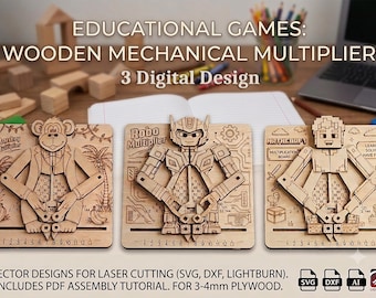 May include: Three wooden mechanical multiplication boards featuring laser-cut designs of a monkey, a robot, and a block-style character. Each square board includes movable arms to point at numbers, with text labels Monkey Multiplier, Robo Multiplier, and Mathcraft.