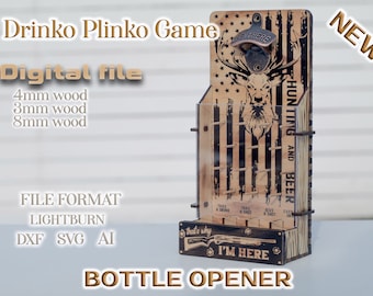Wall mounted America hunting beer bottle opener, drinko plinko game,  engraved design laser cut files Glowforge lightburn svg dxf ai