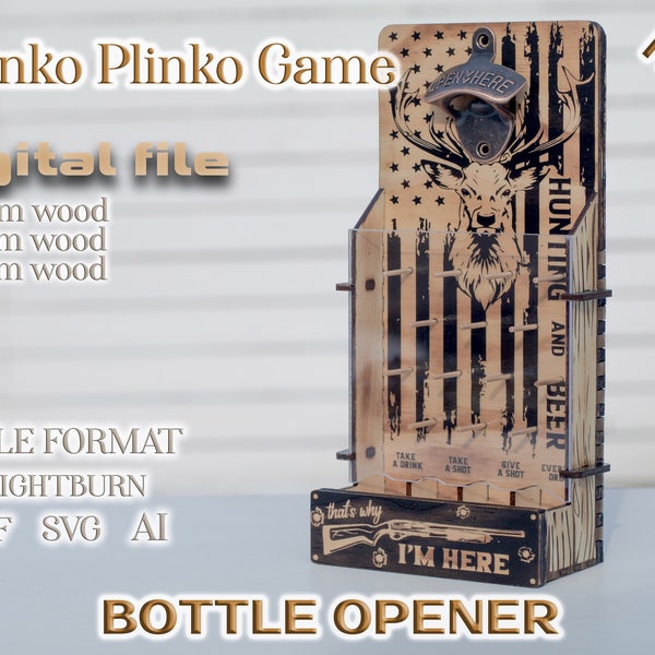 Wall mounted America hunting beer bottle opener, drinko plinko game,  engraved design laser cut files Glowforge lightburn svg dxf ai