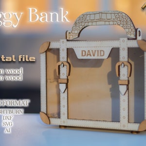 Laser Cut Suitcase Piggy Bank , Personalized Gifts, Wooden Coin Bank, Birthday Gift, Money Box laser cut file Lightburn, SVG, DXF, AI