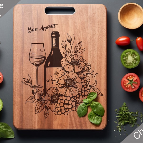 Charcuterie Board SVG, Wine and Floral Engraving (Digital File)