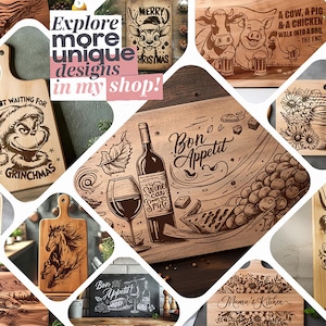 May include: A collage of various wooden cutting boards with different designs, including a Grinch, a cow, a pig, a chicken, a deer, a horse, a bee, a wine glass, a bottle of wine, and a fish. The boards are all made of natural wood and have a rustic look. The text "Explore more unique designs in my shop!" is written in pink on a white background.