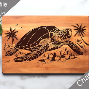May include: A wooden cutting board with a laser-engraved design of a sea turtle, palm trees, and flowers. The design is in a dark brown color against the light brown wood.