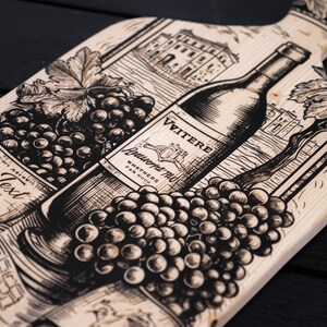 May include: A wooden cutting board with a black and white illustration of a bottle of wine, grapes, and a building. The text on the bottle reads "Vitiere" and "Aueront-Mil Whethers for good". The text on the board reads "Your Text Here".