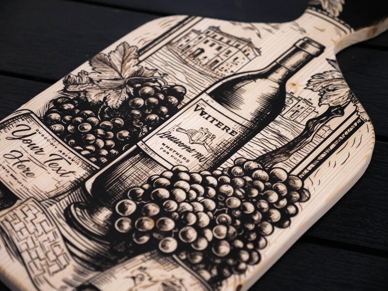 May include: A wooden cutting board with a black and white illustration of a bottle of wine, grapes, and a building. The text on the bottle reads "Vitiere" and "Aueront-Mil Whethers for good". The text on the board reads "Your Text Here".