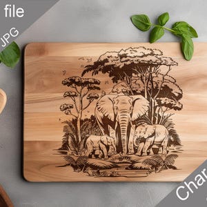 May include: A wooden chopping board featuring a design of elephants and trees. The text "Charcuterie design" is printed in the bottom right corner of the board.