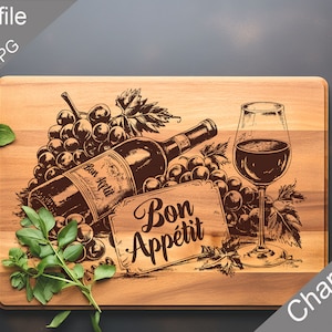 May include: A wooden cutting board with a hand-drawn design of a bottle of wine, grapes, and a glass of wine. The design includes the text "Bon Appetit".