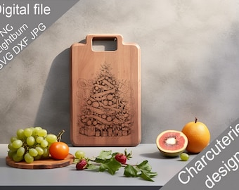 May include: A wooden cutting board with a laser-engraved design of a Christmas tree decorated with ornaments, ribbons, and gifts. The board has a handle and is surrounded by fruit, including grapes, kiwi, and an orange.