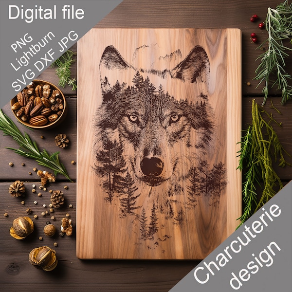 Wolf Digitale Laser gravierte Dateien SVG Charcuterie Brett, Schneidebrett, T-Shirt, Vektor, Küche Dekor, Geschenk, Glowforge