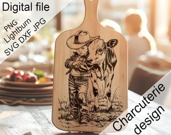 Archivo SVG grabado con láser para tabla de embutidos, vaquero y ternero (Digital)