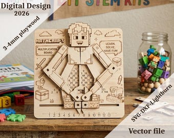 May include: A light-colored wooden multiplication board featuring a block-style character with movable arms. The board includes engraved text reading MATHCRAFT, MULTIPLICATION BOARD, and LEARN, SOLVE, HAVE FUN!, along with various pixelated icons and a number grid.