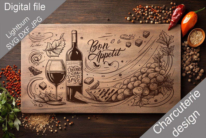 Charcuterie, SVG, Schneidebrett, Schneidebrett, Küchentuch, lasergravierte Dateien, Digital, Vektor, Küchendekor, Glowforge, geschnittene Datei Bild 1