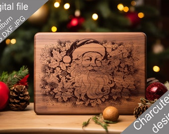May include: A wooden cutting board with a laser engraved design of Santa Claus's face surrounded by holly and pine branches. The board is a dark brown color and has a natural wood grain. The text "Charcuterie design" is printed on the bottom right corner of the board.