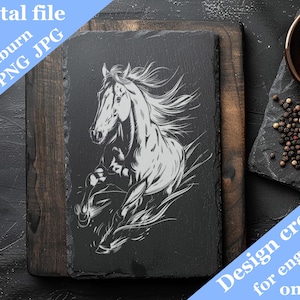May include: A black and white illustration of a horse running, engraved on a black slate tile. The image is a digital file for lightburn, SVG, PNG, and JPG.
