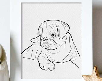 Lijntekening van een hond, lijntekening van een huisdier, lijntekening op maat, illustratie van een familieportret, gepersonaliseerd schilderij van een hond