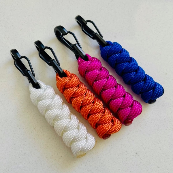 Anhänger handgefertigt - Paracord - Zipper - Schlüsselanhänger, Charm, Reißverschluss, Pull, Karabiner - weiss, orange, fuchsia, blau