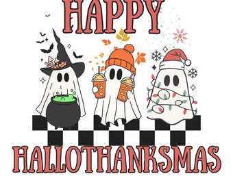 HappyThanksMas PNG File, Halloween, Thanksgiving and Christmas PNG, Holiday PNG, Funny png for sublimation , Ghost with checkered board