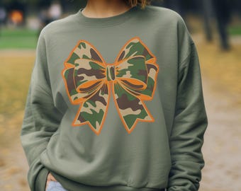 Camo Bow Sweatshirt - Cozy Stylish Crewneck, Perfect for Casual Outfits, Gift for Her, Birthday, Holidays, Hunting Shirt , Deer Hunting