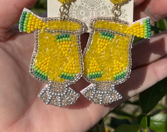 Lemon Margarita Beaded Earrings, Drinking Earrings, Beaded Statement Earrings