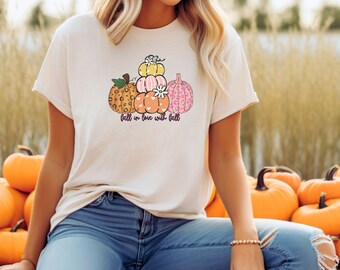 Fall In Love With Fall Shirt For Her,  Fall T-Shirt,  Pumpkin Shirt, Leopard Pumpkins Fall design, Fall Pumpkin shirt, Short Sleeve Fall Tee