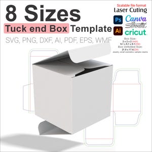 May include: A white tuck end box template with a 2 x 2 x 2 inch box size. The template is unfolded and shows the cut lines for the box. The template is compatible with various software programs, including Adobe Illustrator, Canva, Cricut, and Silhouette.