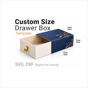 Peut inclure: Un modèle de boîte tiroir personnalisable aux formats numériques SVG et DXF. La boîte présente un plateau coulissant crème avec une languette dorée et un étui extérieur bleu foncé orné d'illustrations de feuilles dorées et d'indicateurs.